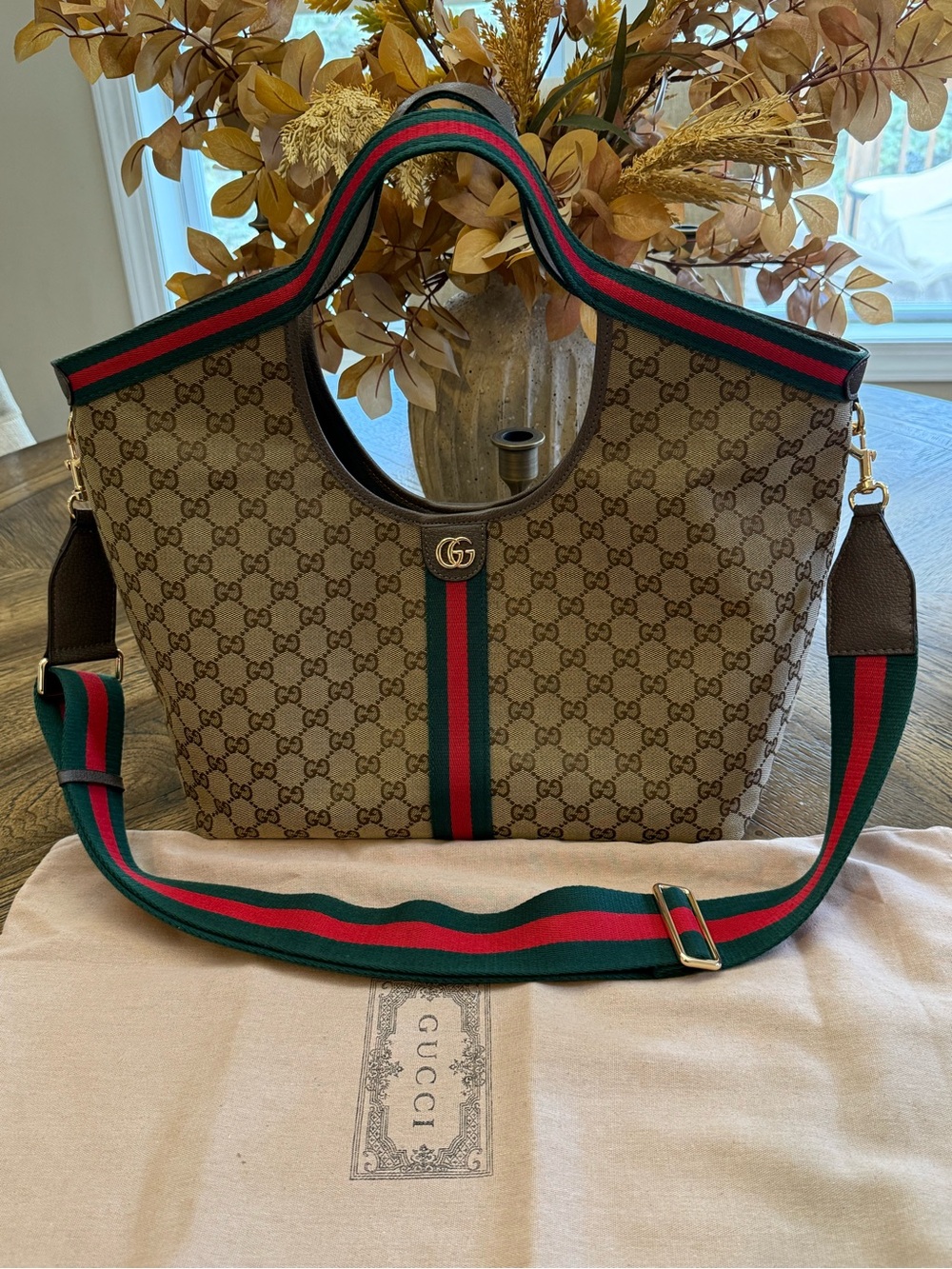 Gucci Beige GG Canvas Tote with Green-Red Web Stripe